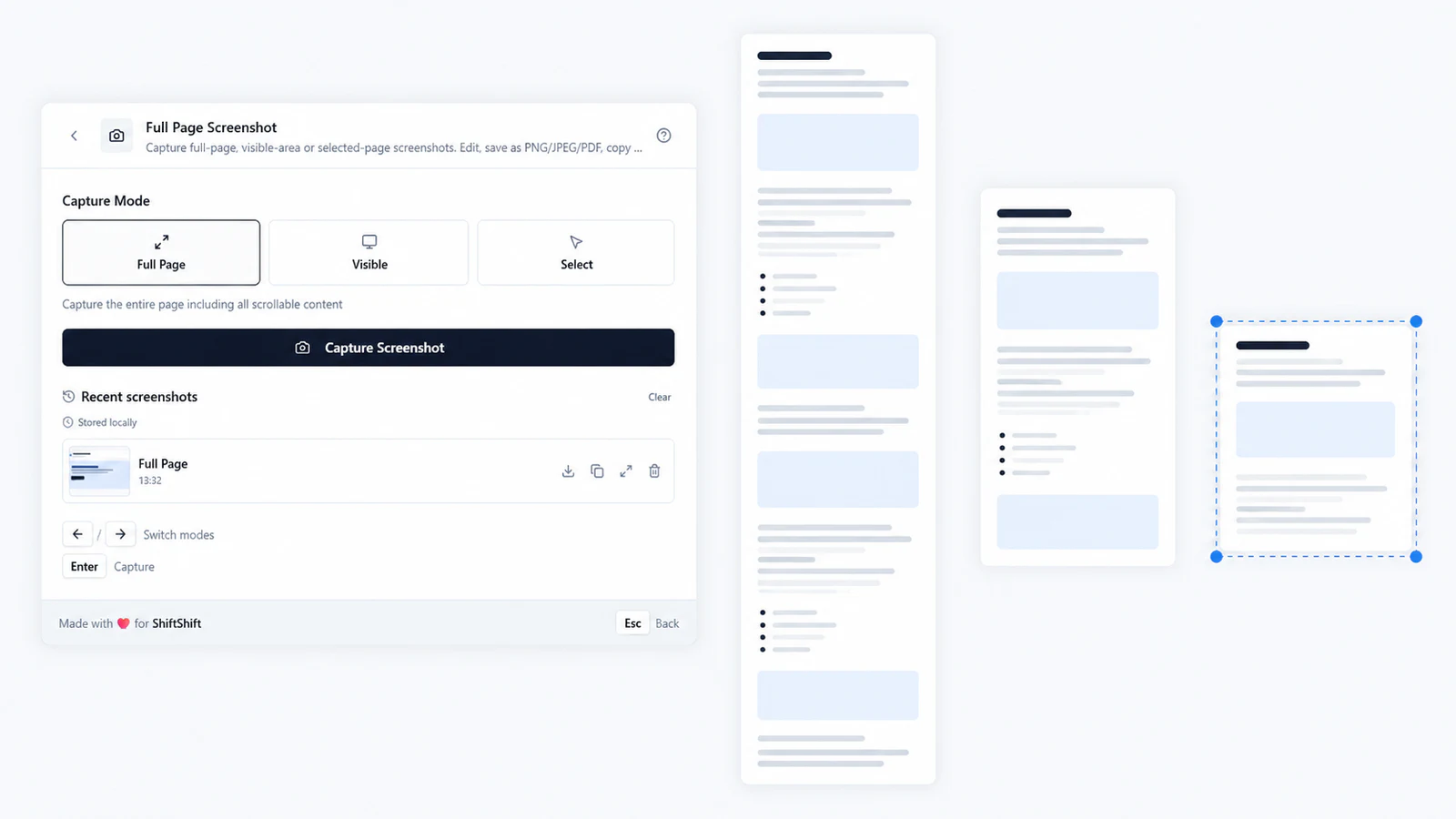 Full Page Screenshot tilbyr tre opptaksmoduser for en nettside: hele siden, det synlige visningsområdet eller et valgt område.